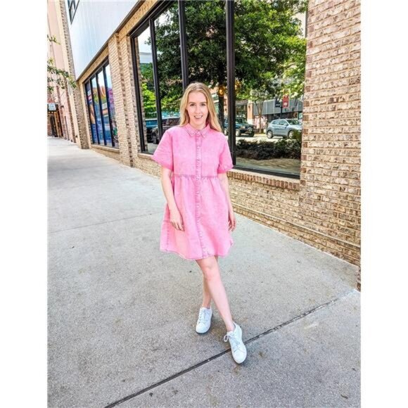 Women's Pink Short Sleeve Button Down Flowy Tiered Mini Babydoll Denim‎ Dresses - Picture 5 of 6